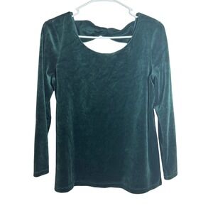 T by Talbots Womens Medium Petite Velour Crossed Back Long Sleeve Top Green‎